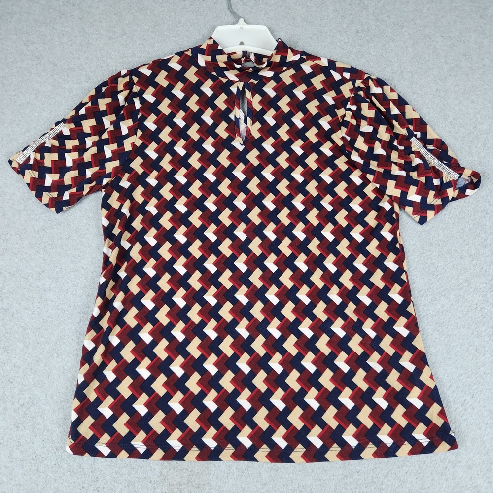 Como Blu Blouse Top Womens Medium Multi Geometric Short Sleeve Classic Mock Neck